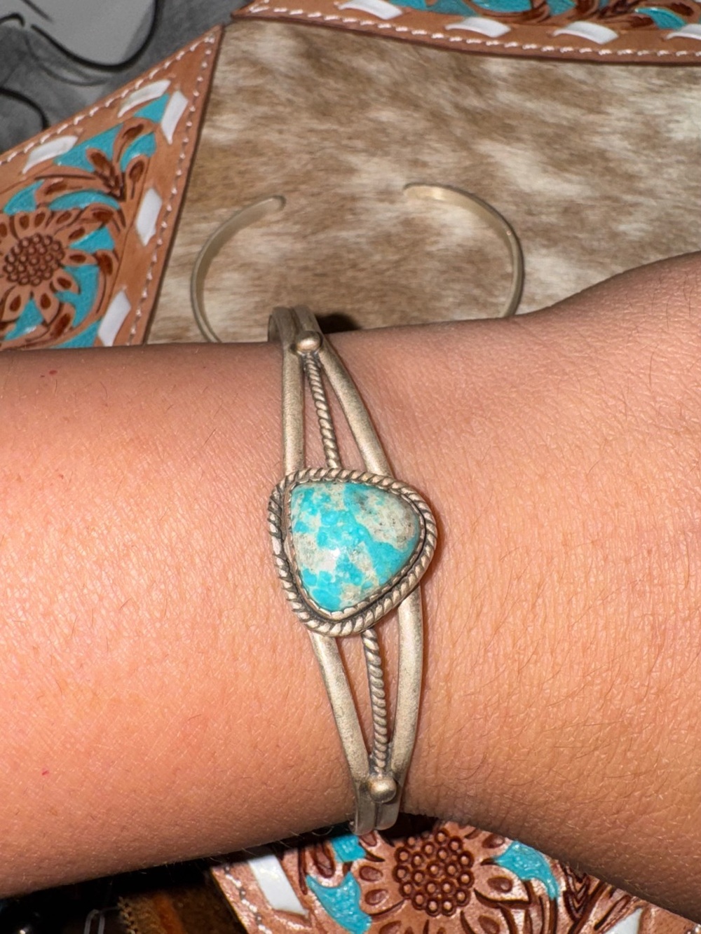 Turquoise Stone Silver Cuff Bracelet - Women Jewelry